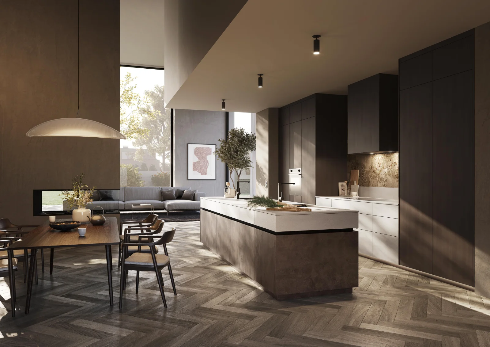 Intérieur familial avec cuisine ouverte Textured Grey Stone et bois Dark Oak — Osmosis Home