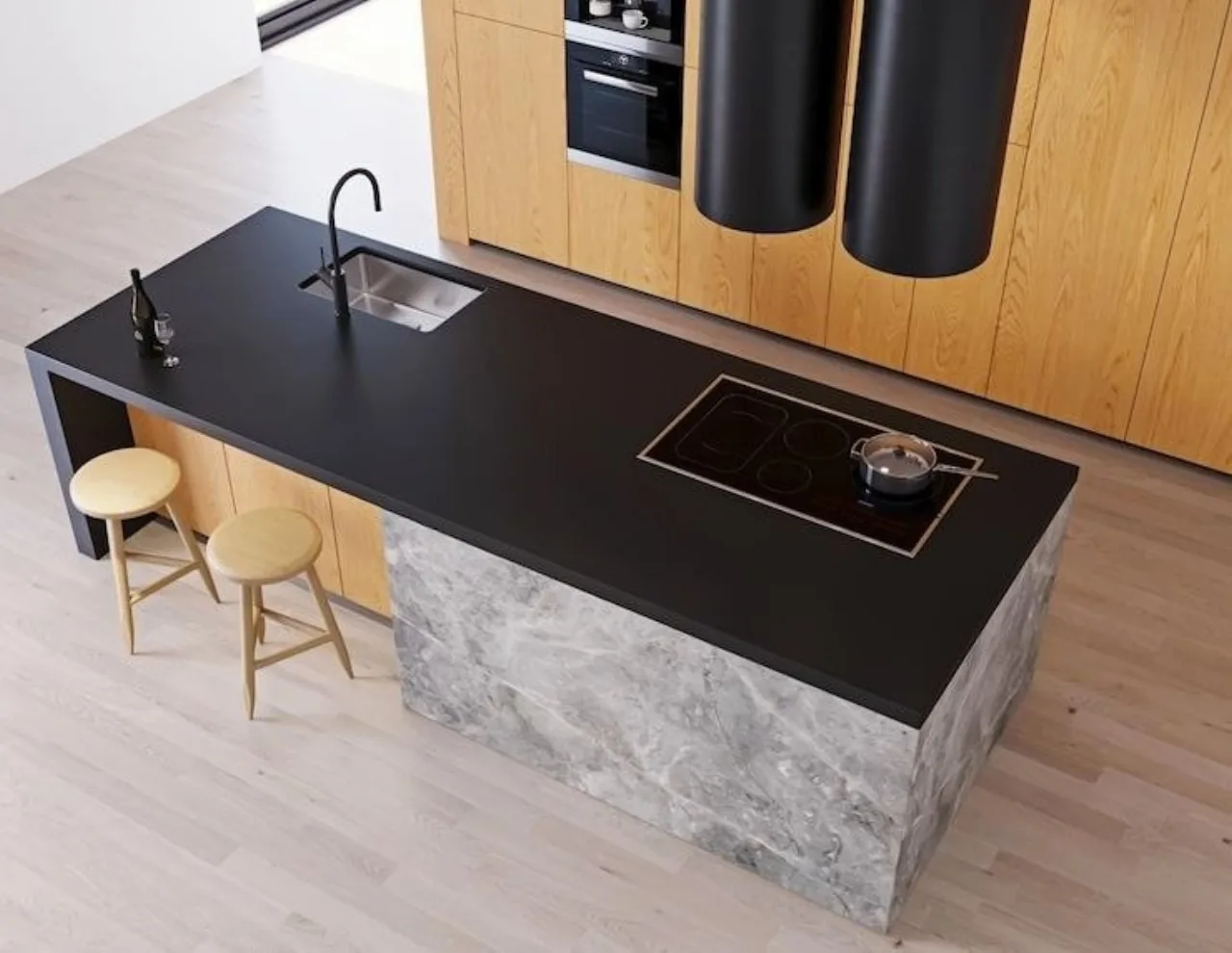 Custom modern kitchen in Morocco with structured aluminium cabinet fronts and natural stone worktop, project completed by Osmosis Home in Tangier