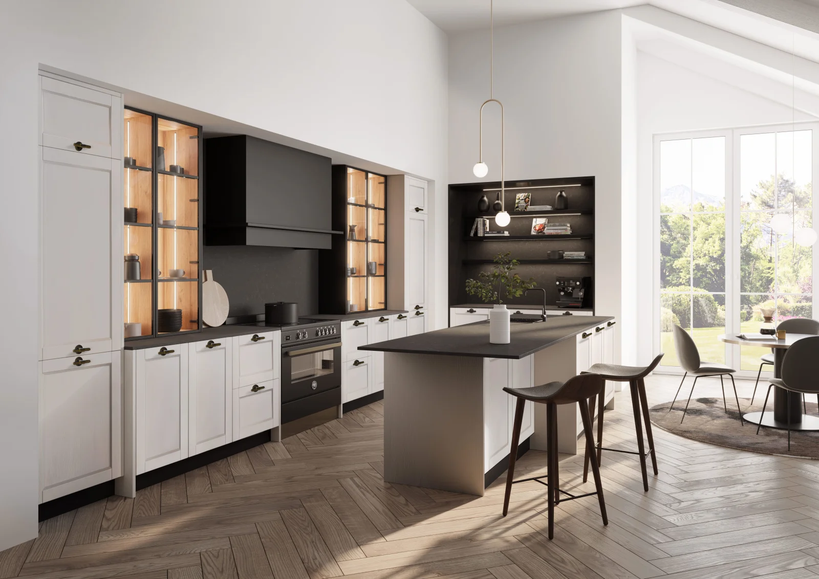 Cuisine ouverte sur le salon, teinte Beach Grey mat — agencement Osmosis Home Tanger