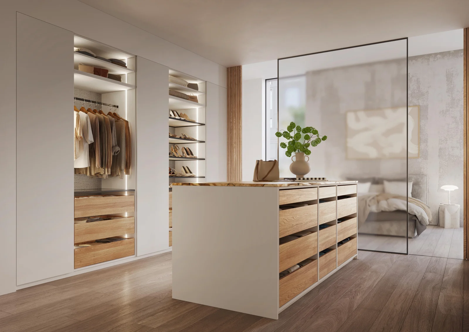 Rangements intérieurs d'un dressing sur mesure Beach Grey — tringles, tiroirs et étagères modulables Osmosis Home