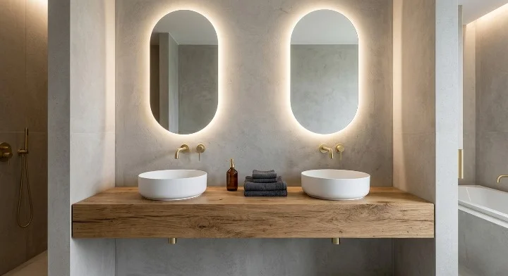 Double vasque à poser en céramique sur plan bois, robinetterie dorée murale — salle de bain sur mesure Osmosis Home Tanger