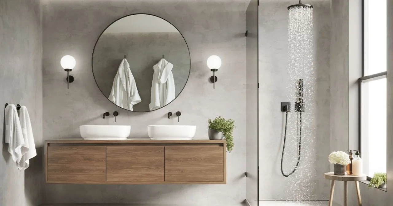 Meuble de salle de bain sur mesure en laque mate anthracite avec double vasque, réalisé par Osmosis Home à Tanger