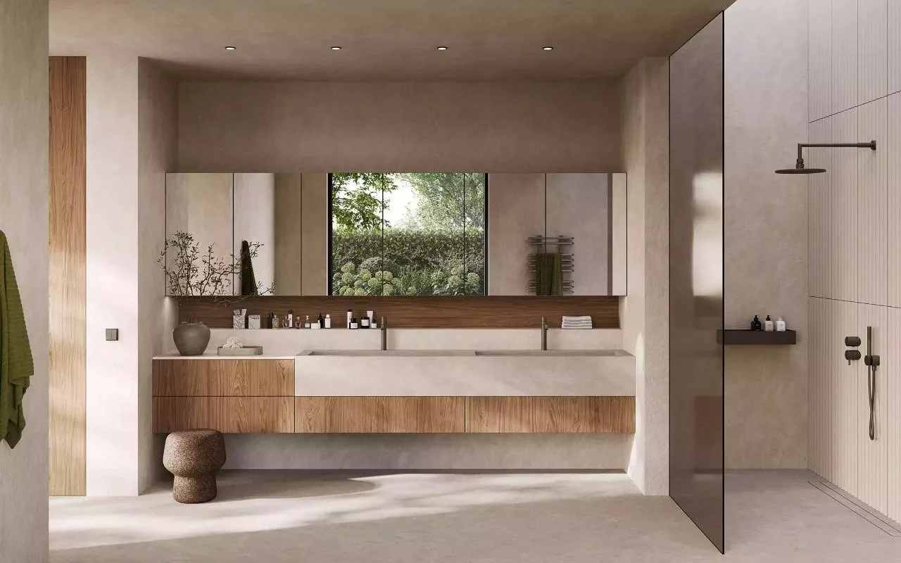 Meuble de rangement de salle de bain sur mesure en finition laquée mate, conçu par Osmosis Home à Tanger