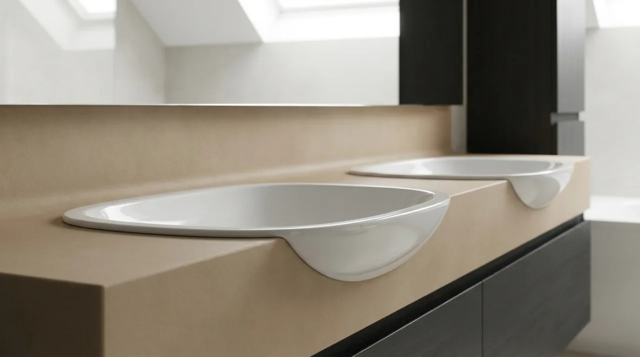 Natural stone countertop basin on a custom bathroom vanity unit in Tangier, with gold-finish tapware and white veined marble surface